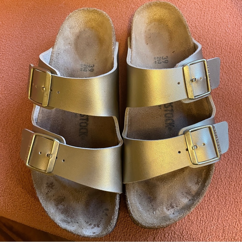 Gold Birkenstock Arizona Sandals size 39